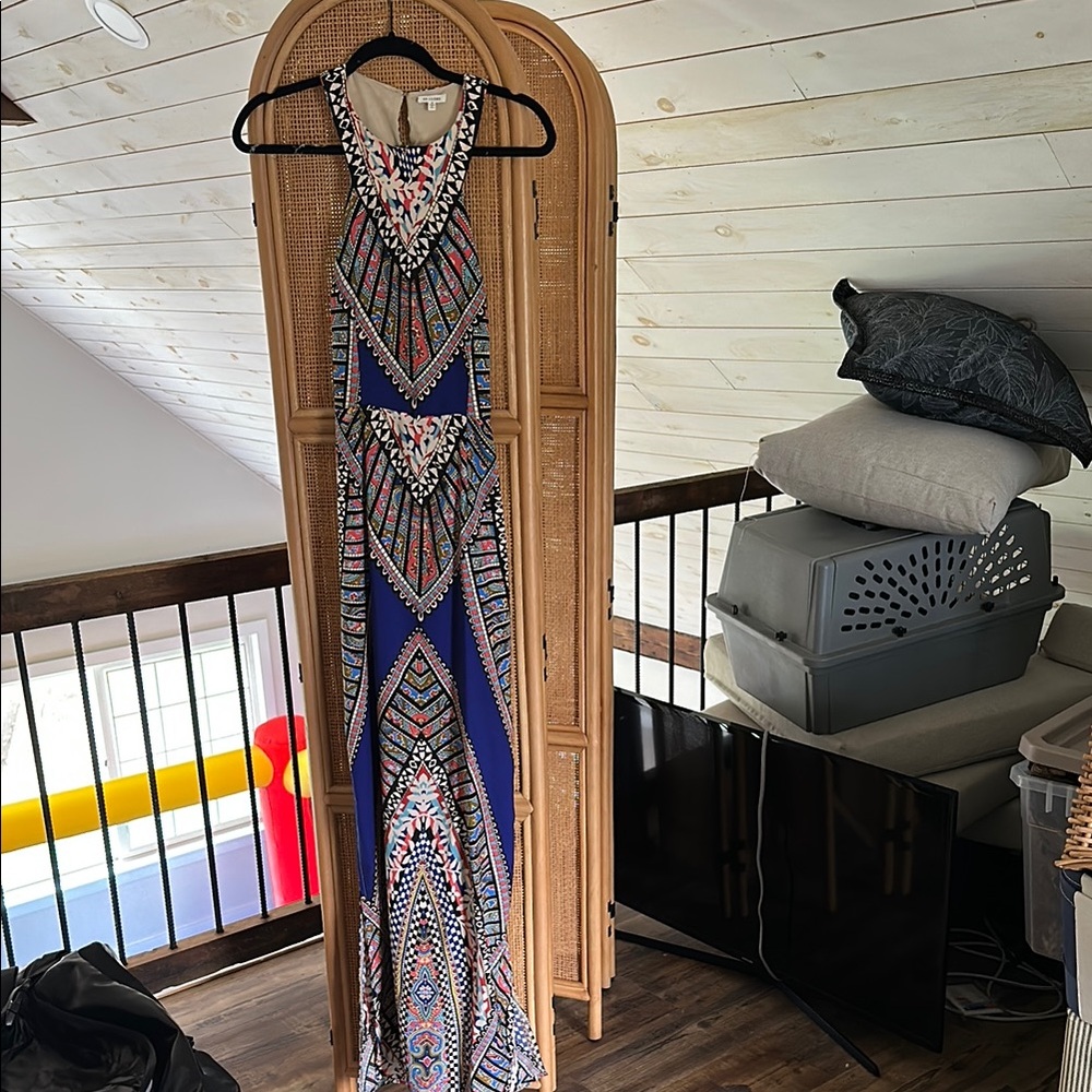 En Creme Blue and White Halter Maxi Gown